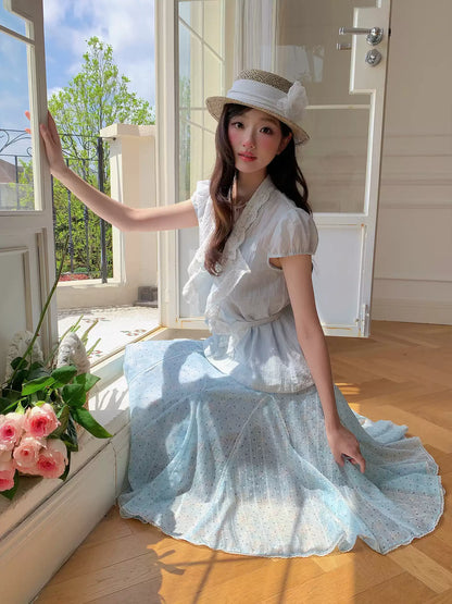 “Blue Breeze Sonata” Blue Ruffle Lace Blouse