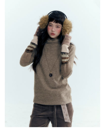 Horridale - Light Brown Colorblock High Cowl Neck Long Sleeve Top