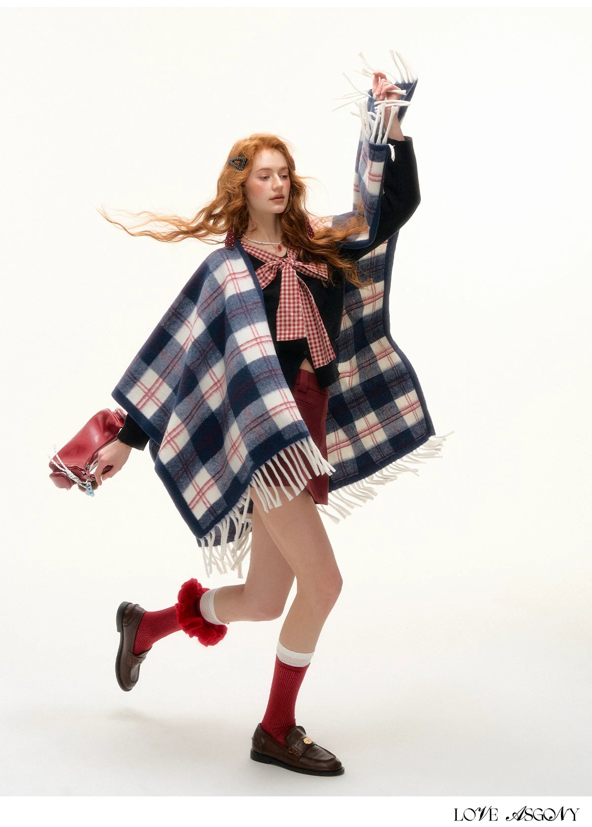 ASGONY - Navy Plaid Fringe Wrap Scarf