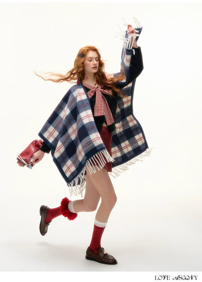ASGONY - Navy Plaid Fringe Wrap Scarf