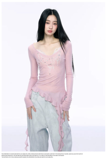 JN's DESIGN - Pink Lace Asymmetrical Top
