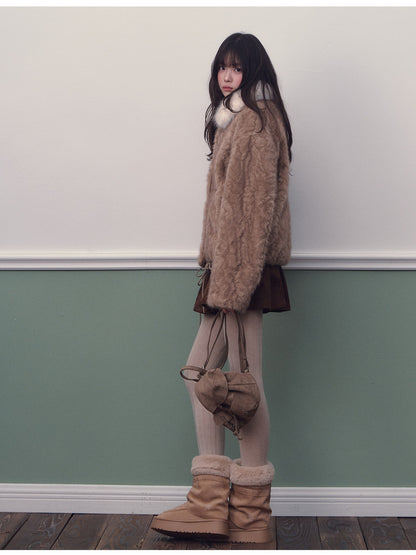 Soote Season - Almond Brown Faux Fur Contrast Collar Cropped Jacket