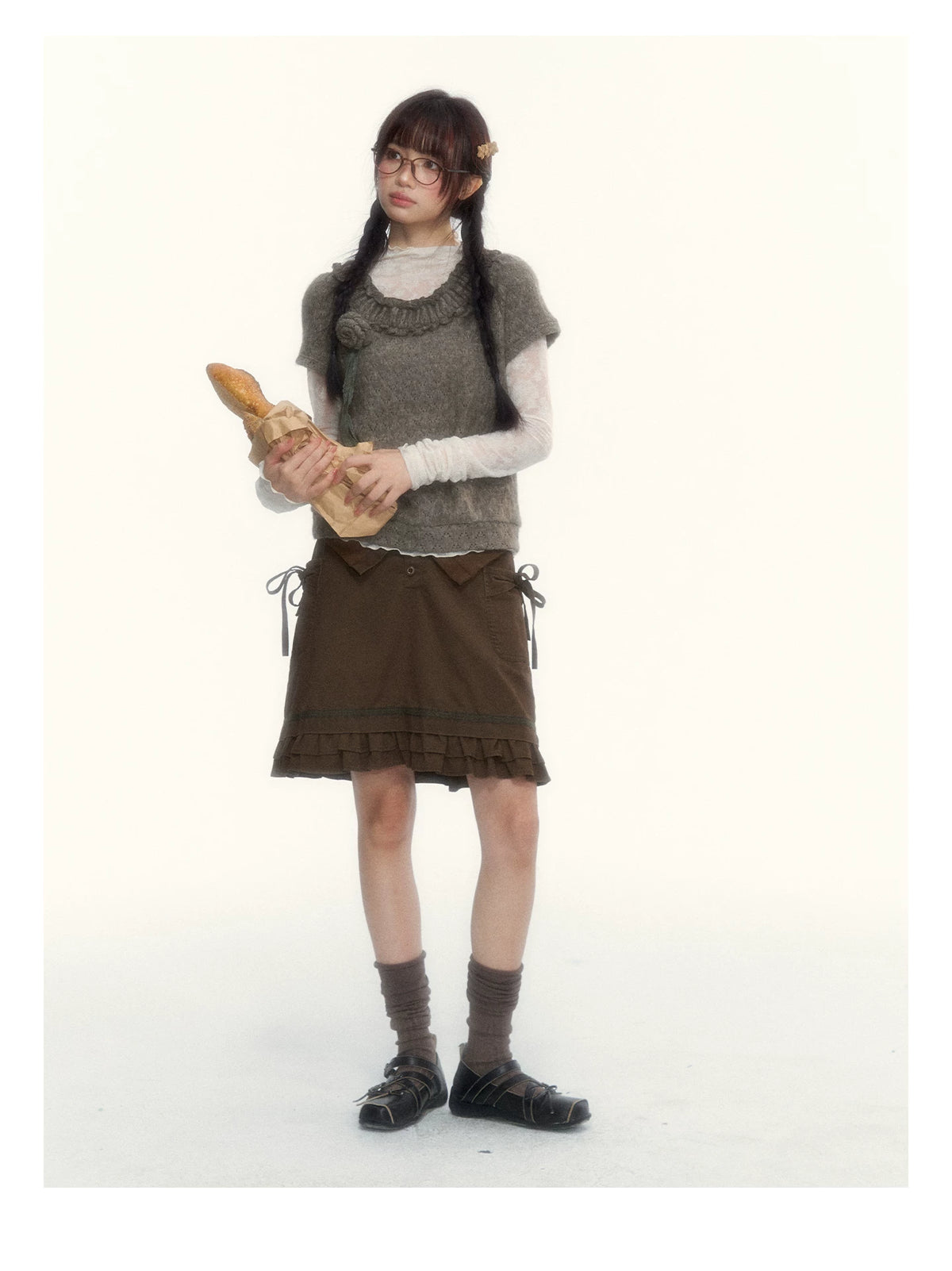 “Hazelnut Mousse” Tea Brown Vintage 3D Floral Ruffle Knit Top