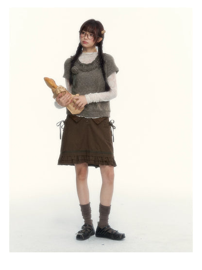 “Hazelnut Mousse” Tea Brown Vintage 3D Floral Ruffle Knit Top