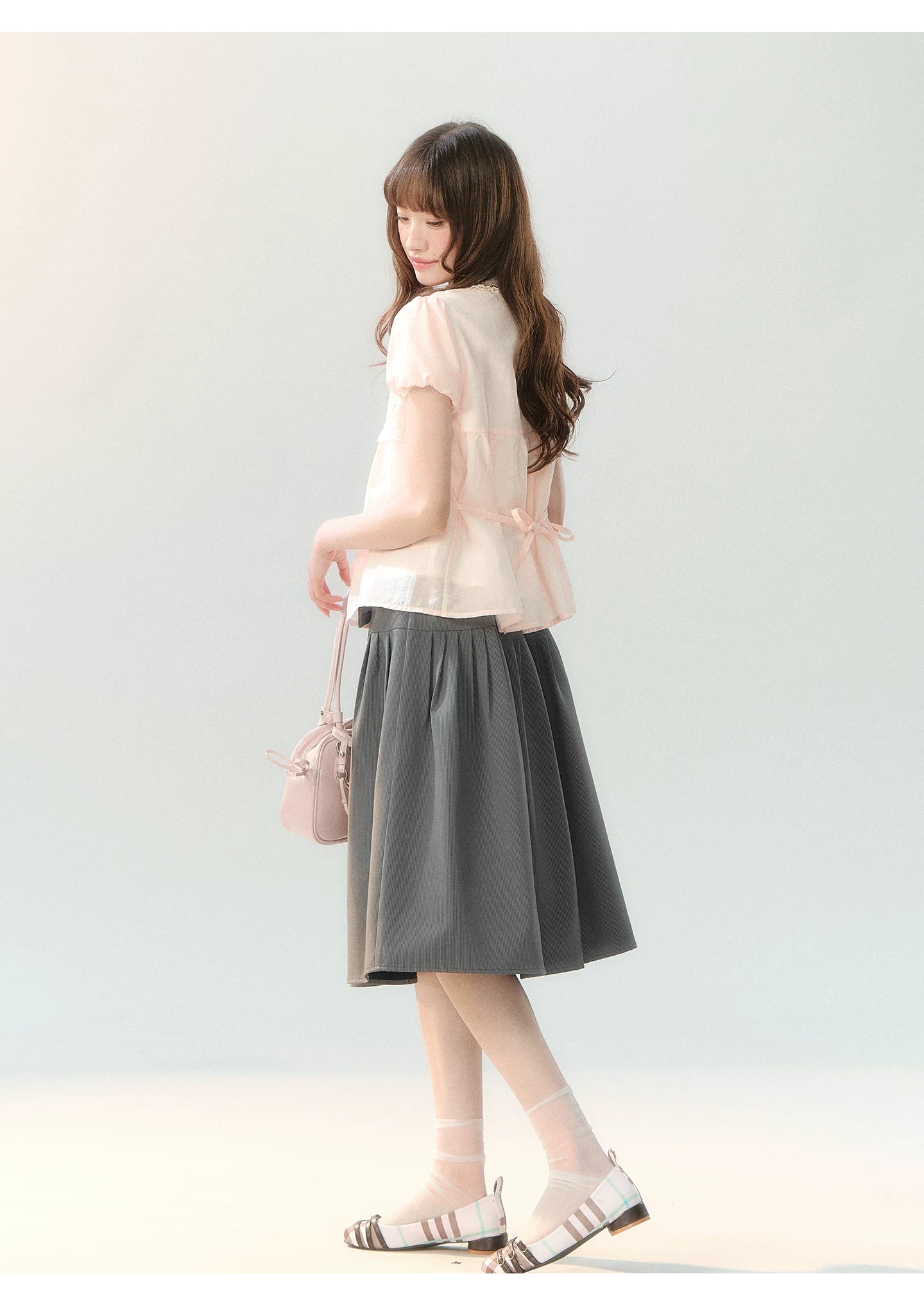 "Pink Mist Notes" Blush Pink Lace Puff Sleeve Blouse  LL2026217