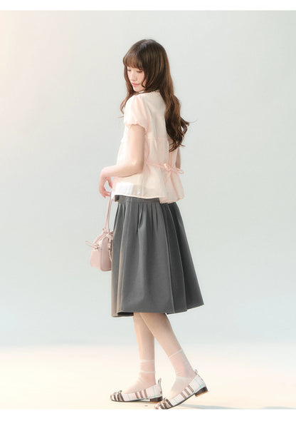 "Pink Mist Notes" Blush Pink Lace Puff Sleeve Blouse  LL2026217