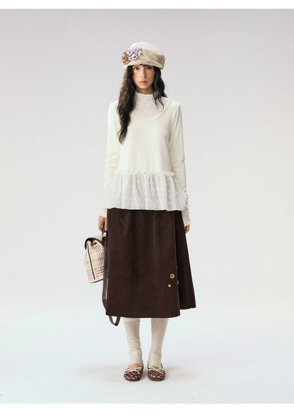 [CAN] “Cream Cloud” Ivory Lace Ruffle High-Neck Top