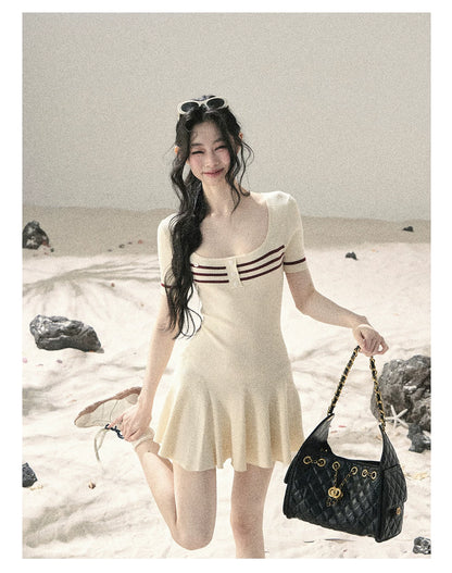 "First Date" Ivory Square Neck Knit Pleated Mini Dress