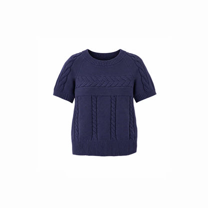 DAILY ARTIST - Navy Cable Knit Short-Sleeve Top