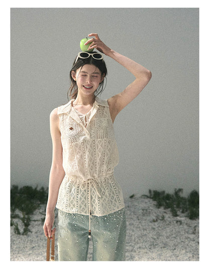 “Summer Breeze Kissing the Hem” Ivory Lace Layered Sleeveless Top