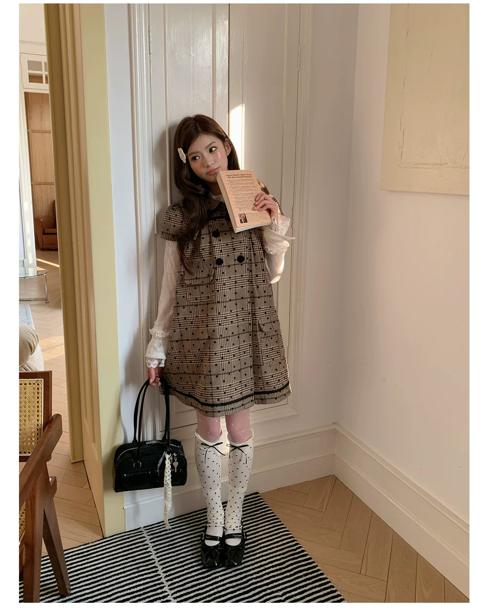 “Hazel Rococo Reverie” Khaki Plaid Polka Dot Dress