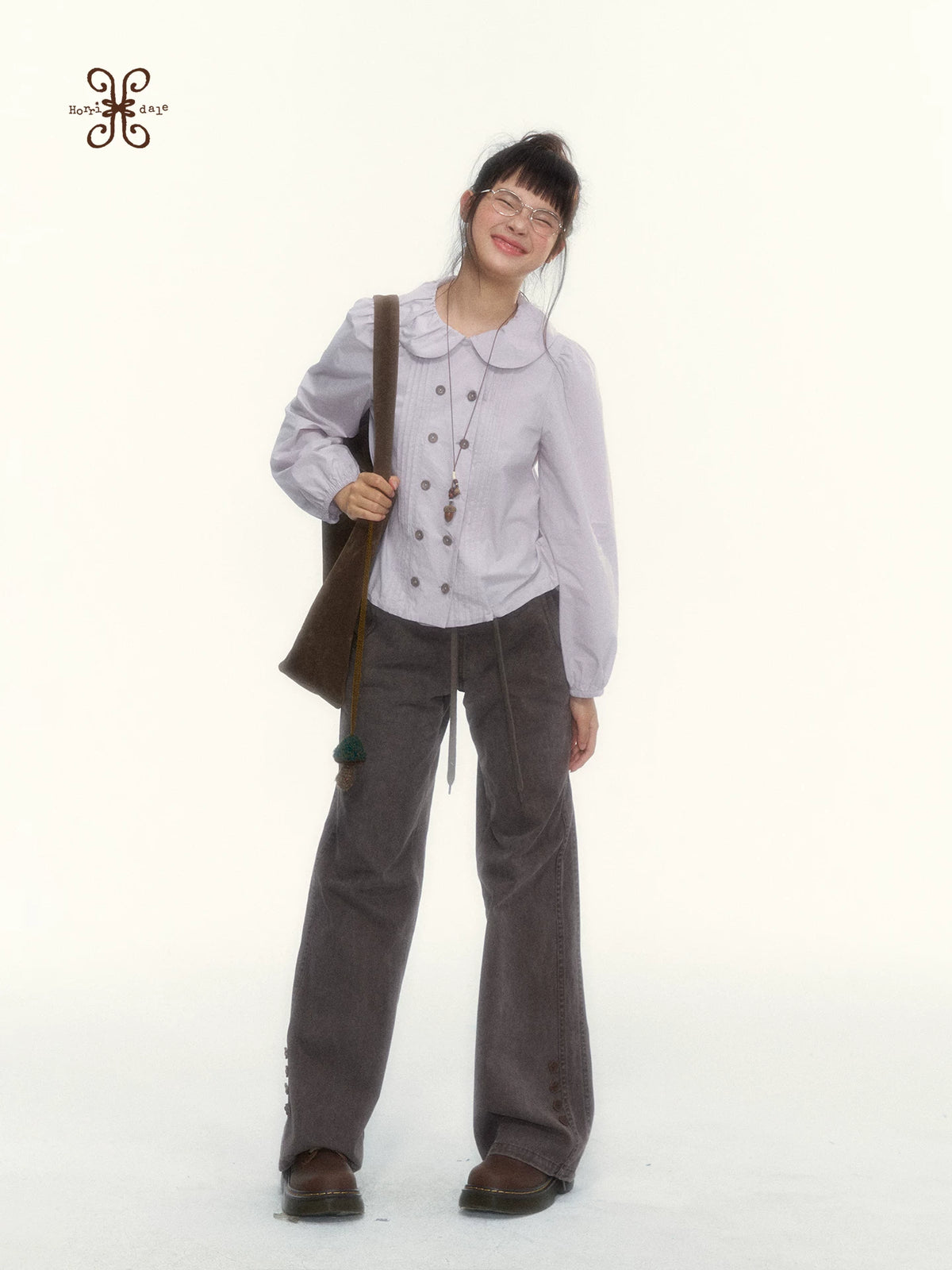 “Academy Melody” Navy Plaid & Dusty Purple Peter Pan Collar Cotton Shirt (Navy Plaid / Dusty Purple)
