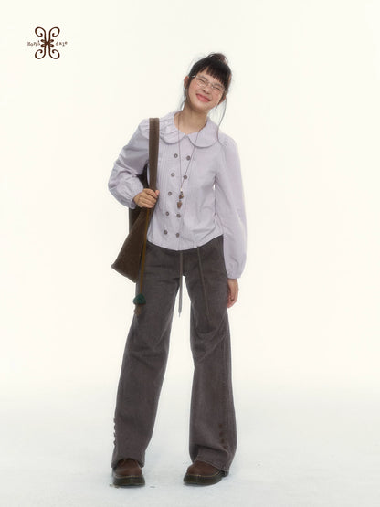 “Academy Melody” Navy Plaid & Dusty Purple Peter Pan Collar Cotton Shirt (Navy Plaid / Dusty Purple)