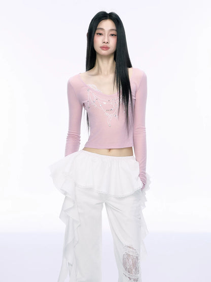 JN's DESIGN - Fitted Lace Long-Sleeve Top with Pearl Rhinestones