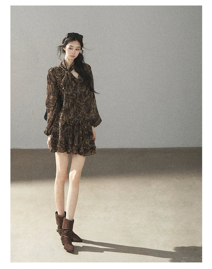 "Wait for a Tree of Blossoms" Cocoa Brown French Long-Sleeve Chiffon Dress (+ Camisole)
