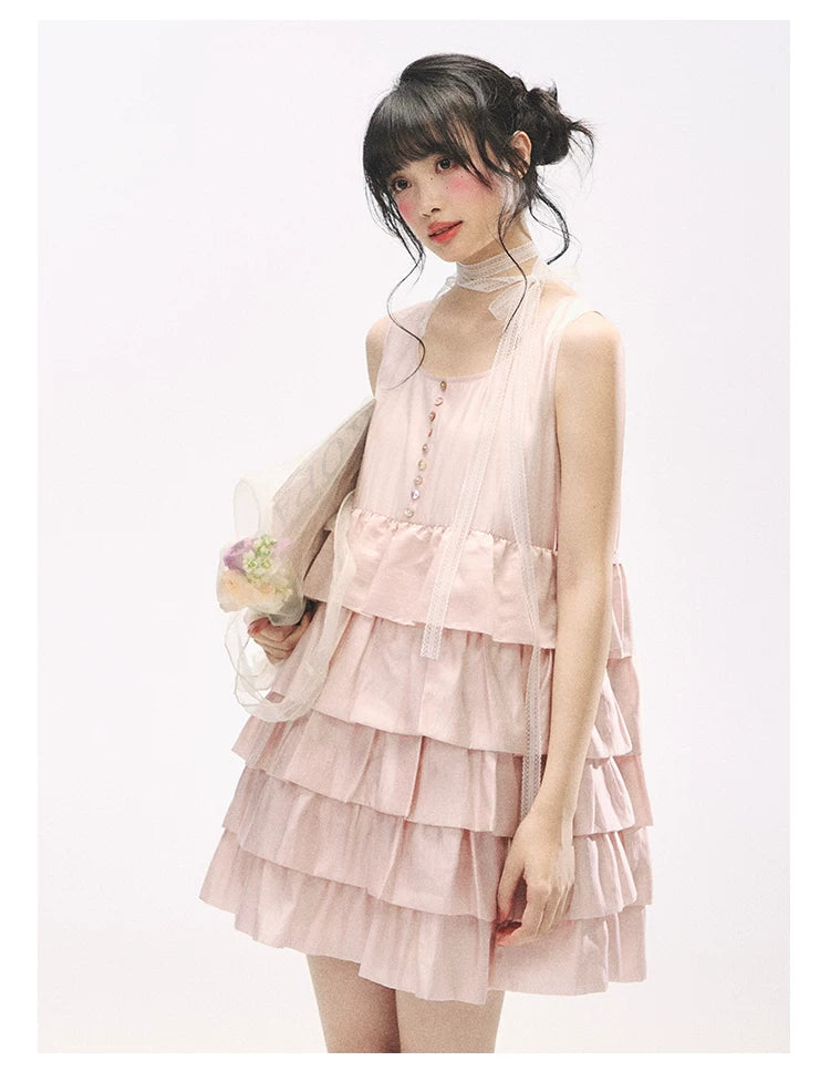 "Misty Pink Reverie" Petal Pink Lace Tie Tiered Sleeveless Dress