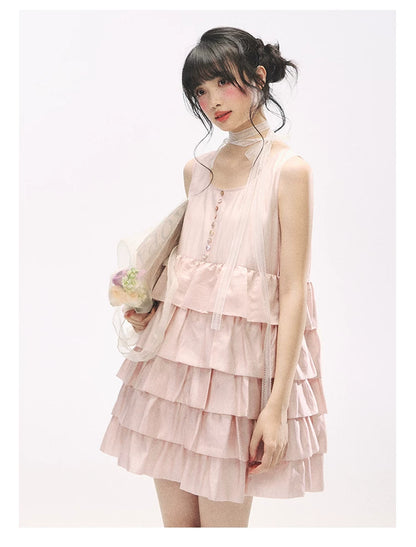 "Misty Pink Reverie" Petal Pink Lace Tie Tiered Sleeveless Dress