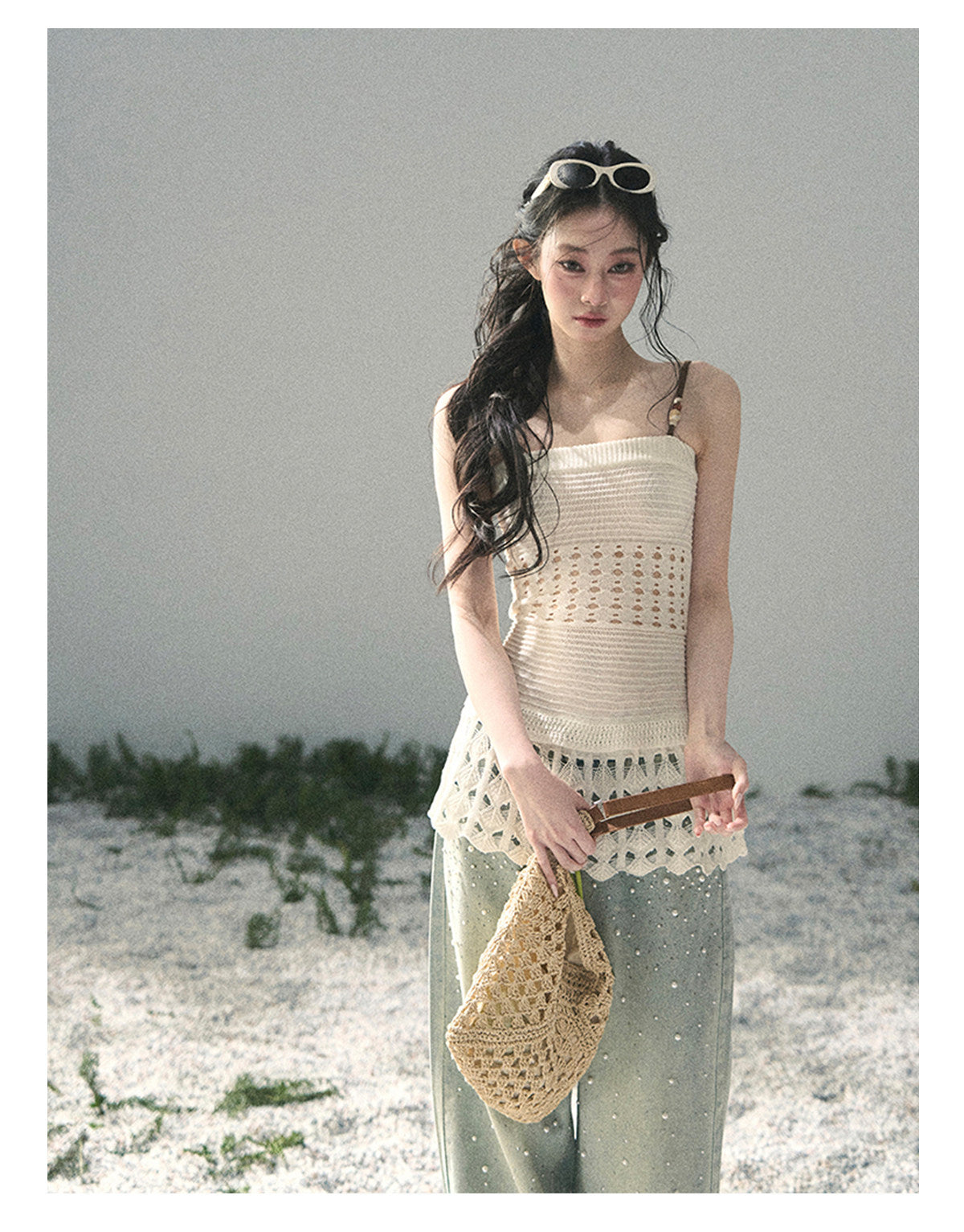 “Fractured Presence” Ivory Open-Knit Cami Top