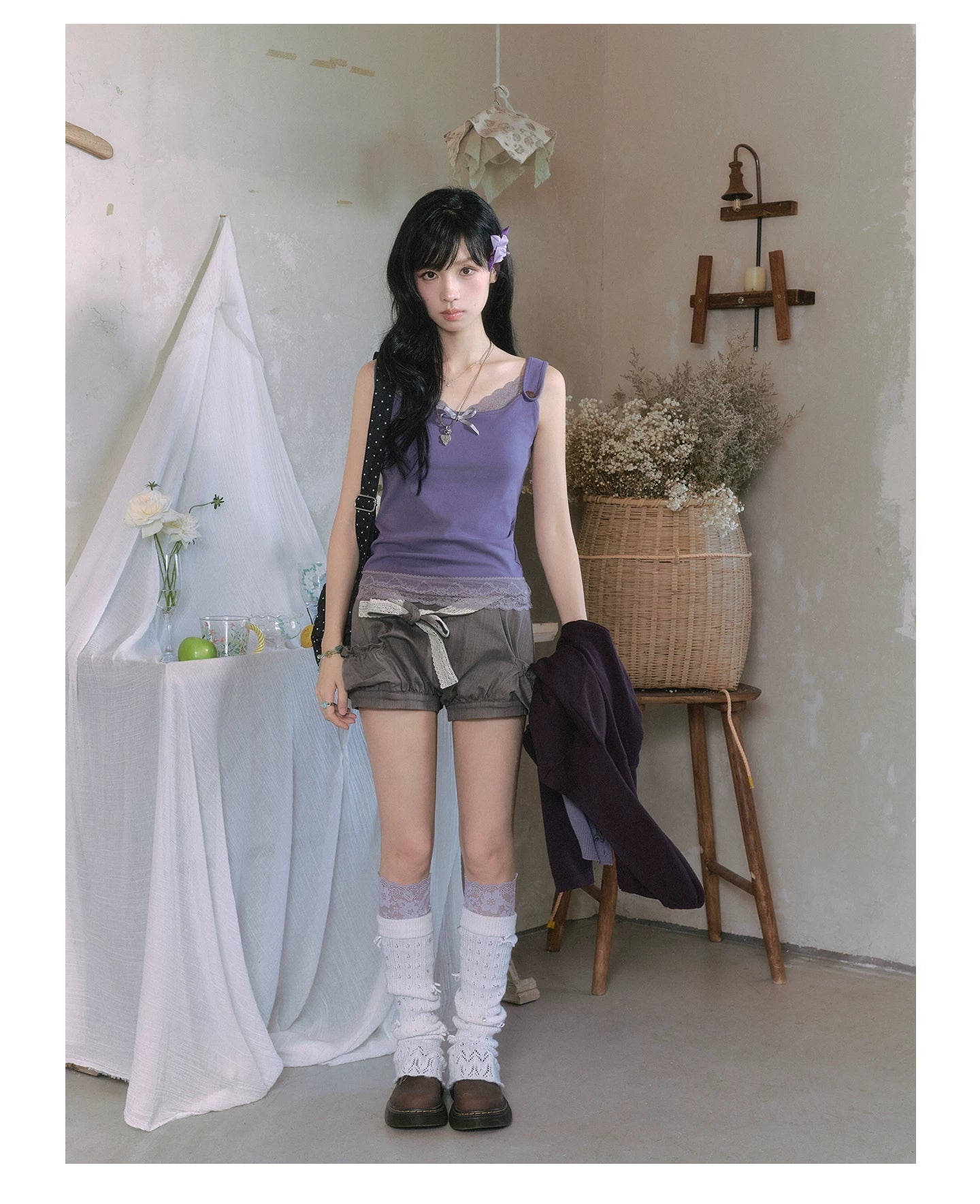 "Sage Whisper" Layered Knit Collection (Hooded Knit Cardigan / Lace Cami / Bubble Shorts)