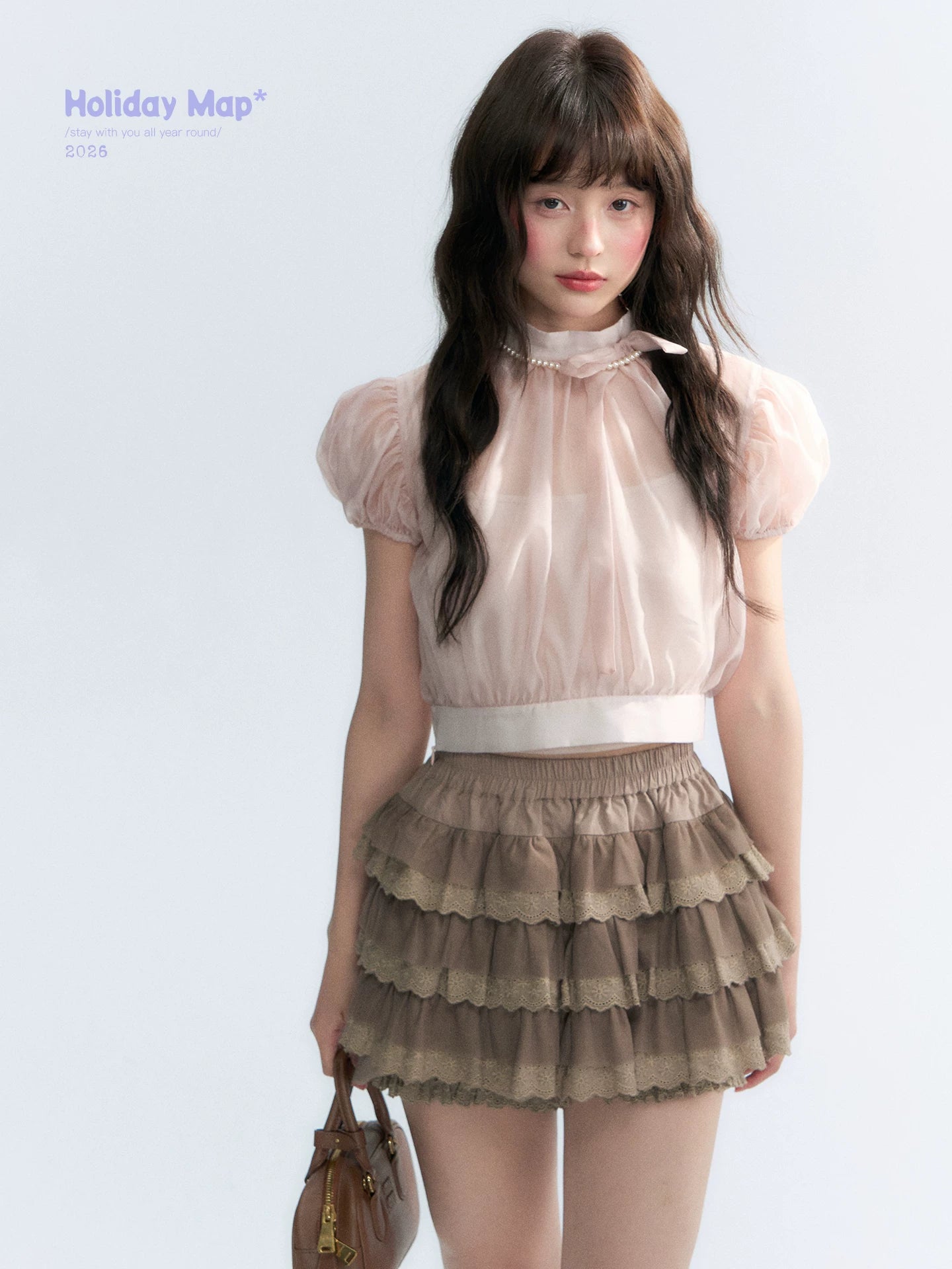 Vintage Stand Collar Bow Puff Sleeve Waist-Cinching Blouse with Knit Cami Set
