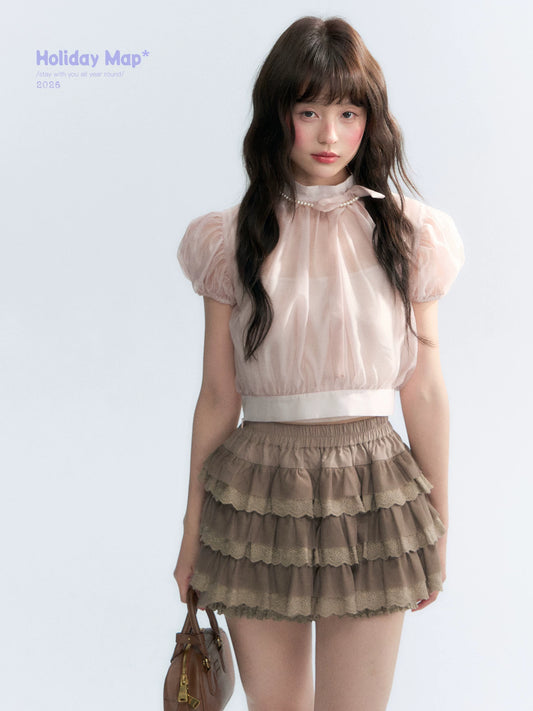 Vintage Stand Collar Bow Puff Sleeve Waist-Cinching Blouse with Knit Cami Set