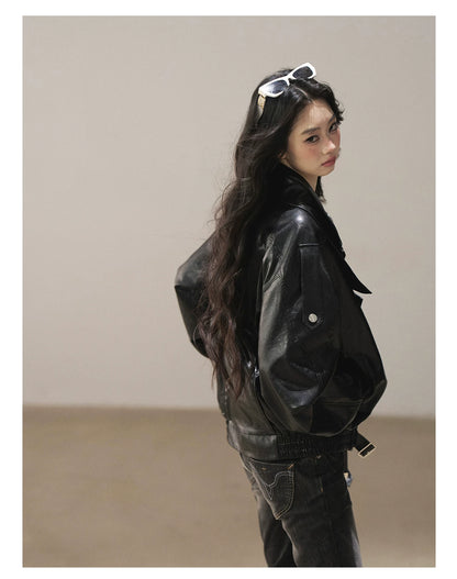 AOMALM - "Solo Journey" Quiet Black Oversized PU Moto Jacket