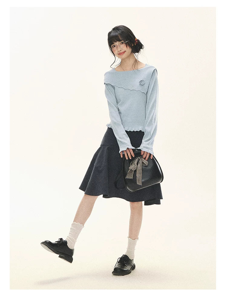 "Sea Salt Bloom" Sea Salt Blue Off-Shoulder Ruffle Knit Sweater