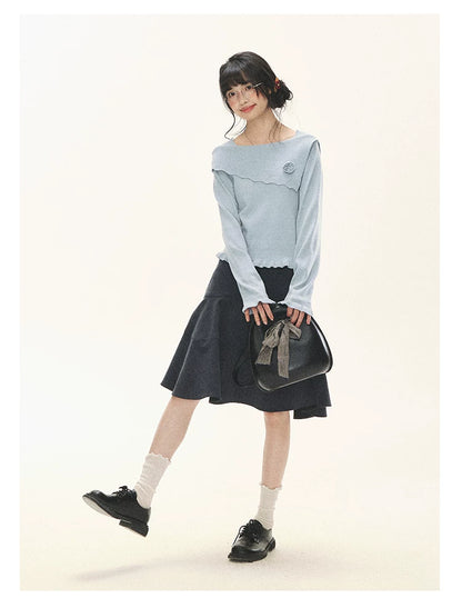 "Sea Salt Bloom" Sea Salt Blue Off-Shoulder Ruffle Knit Sweater