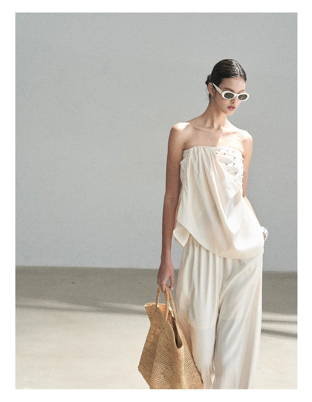 "Summer Rain at Dusk" Cream Beige Satin Two-Piece Set