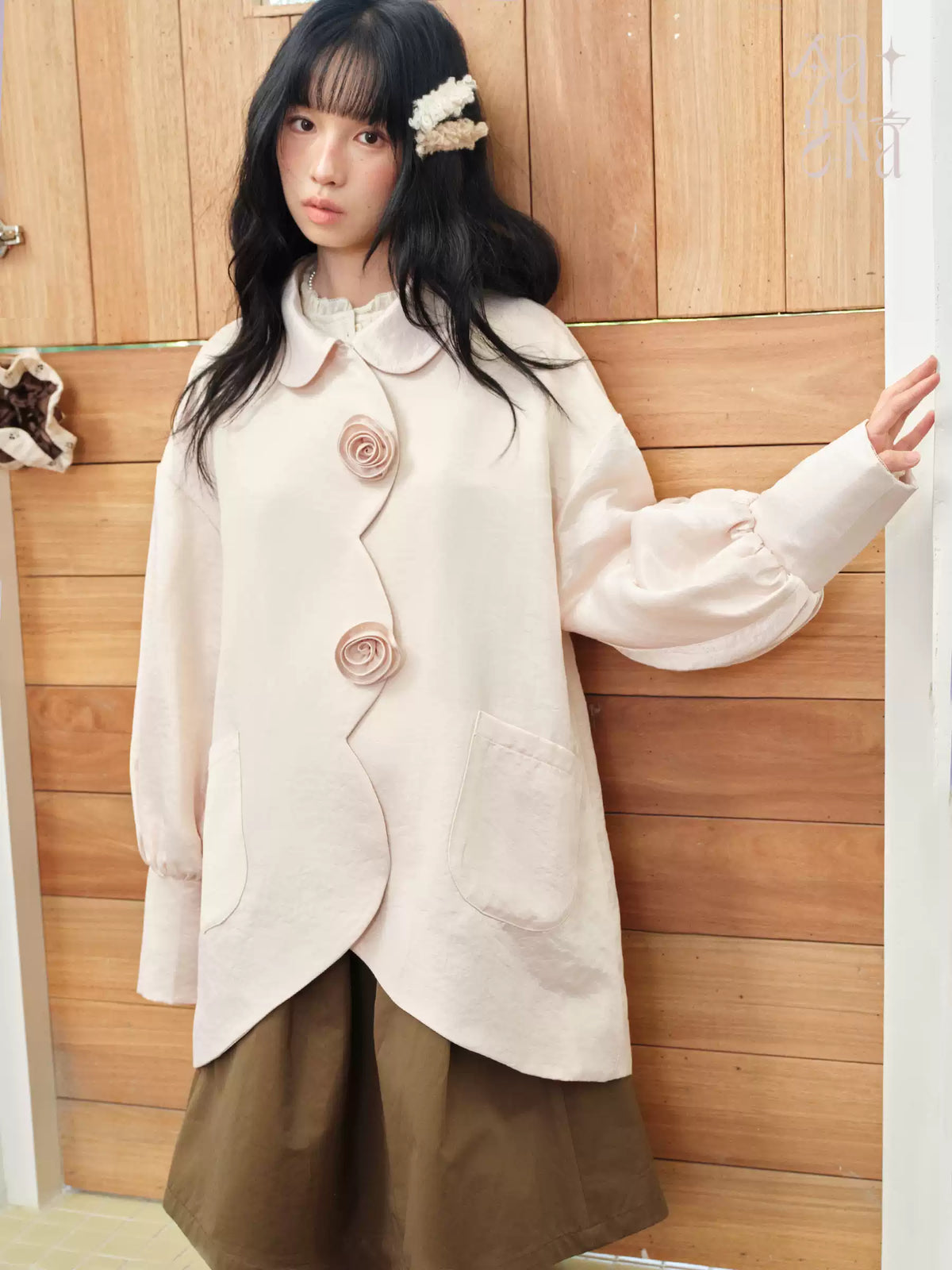 DAILY ARTIST - Soft Pink Pearl Satin Rose Bubble Sleeve Jacket