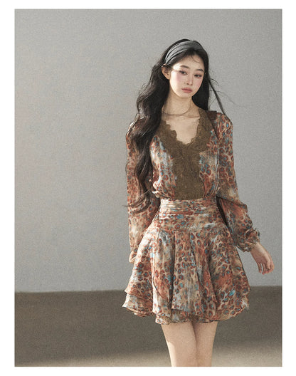 AOMALM - “Whispers of Withered Branches” Rich Cocoa French Lace Chiffon Mini Dress with Tights