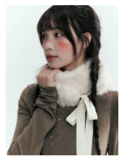 Horridale - [FREE GIFT] Vintage Bow-Tie Faux Fur Collar Scarf (Cream White / Brown)