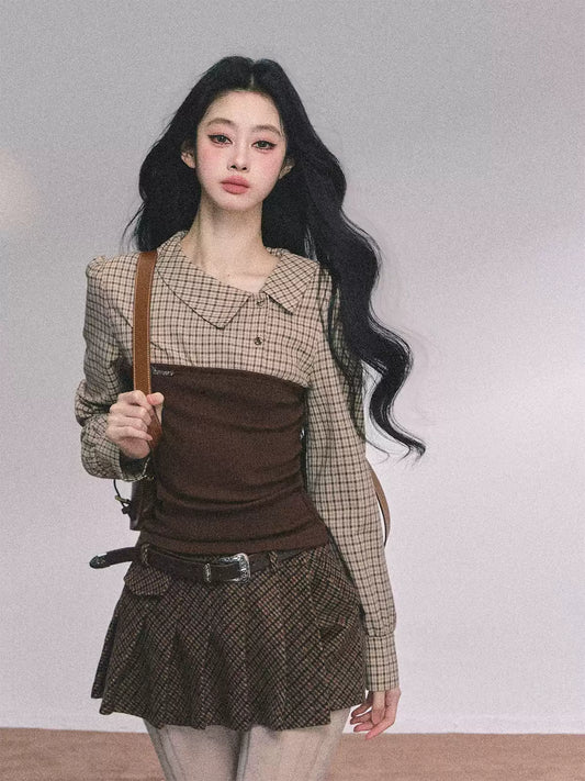 少也眼 Long Sleeve Knit Plaid Layered T-Shirt