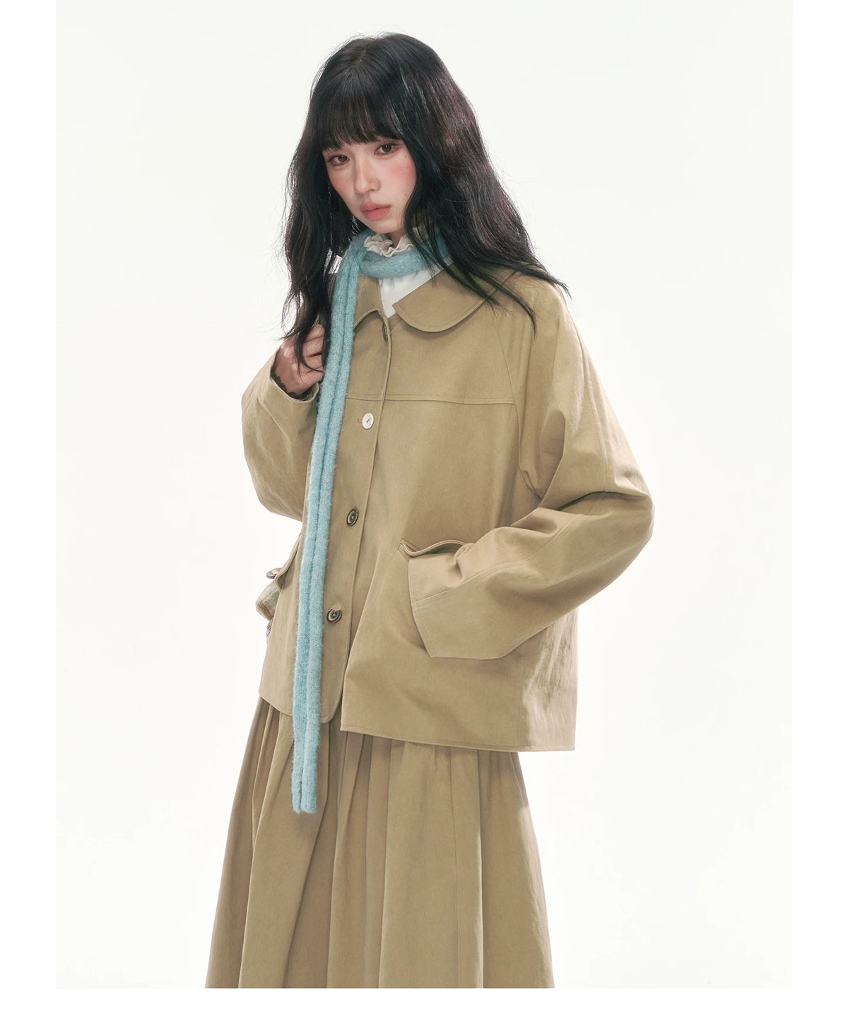 [CAN] Khaki Peter Pan Collar Jacket & Midi Skirt Set