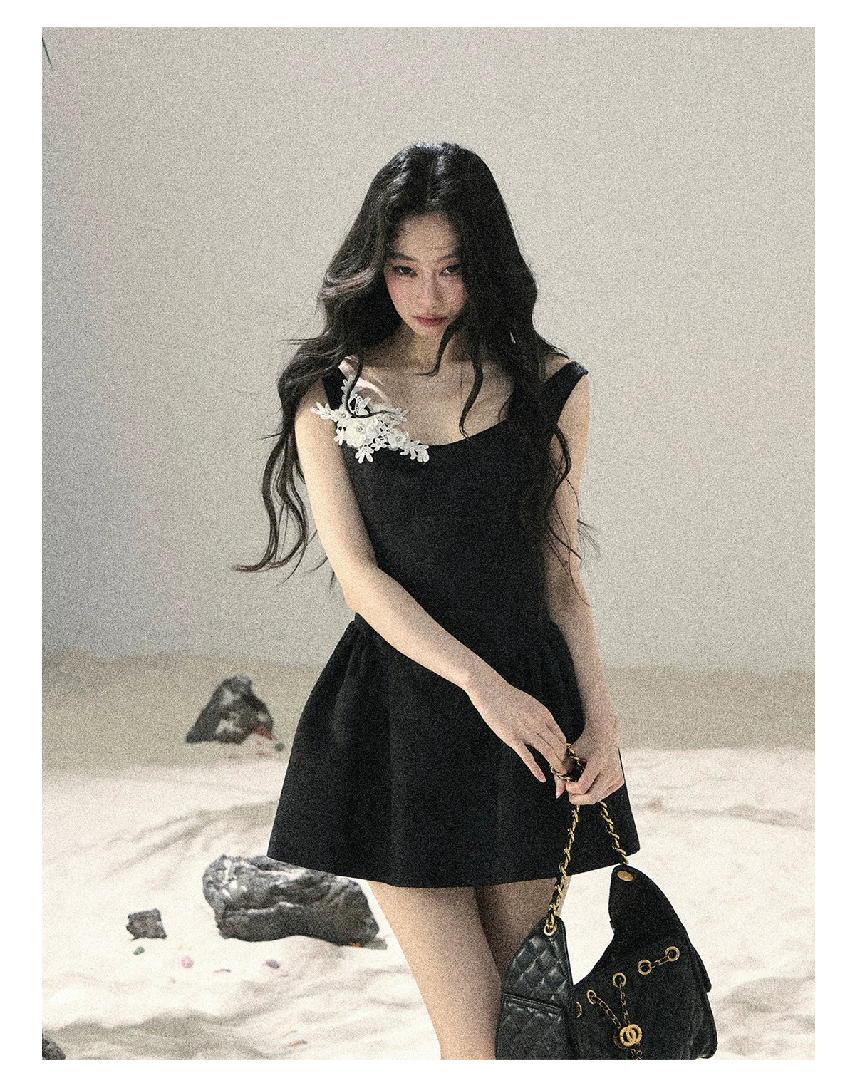 "Wisteria Climbing the Vines" Black Iris Floral Lace Puff Mini Dress 7645