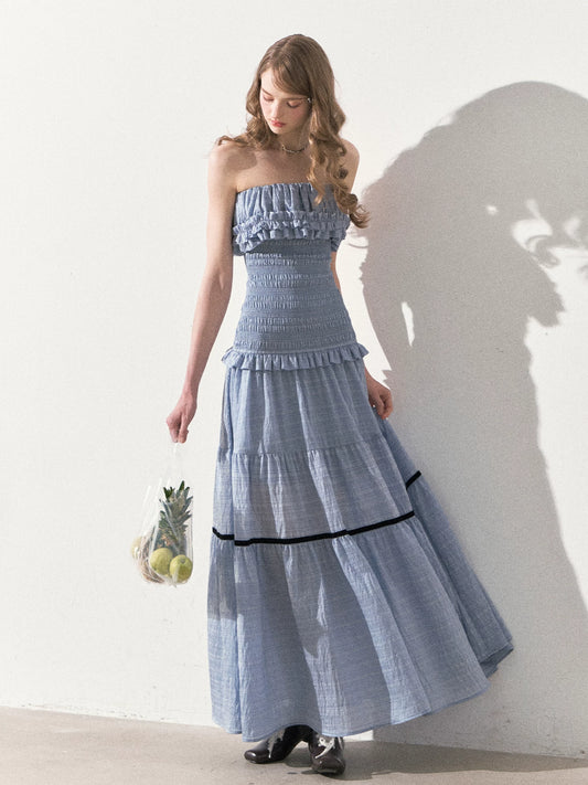 [TMMG] "Twilight Verses" Misty Blue Smocked Ruffle Maxi Dress