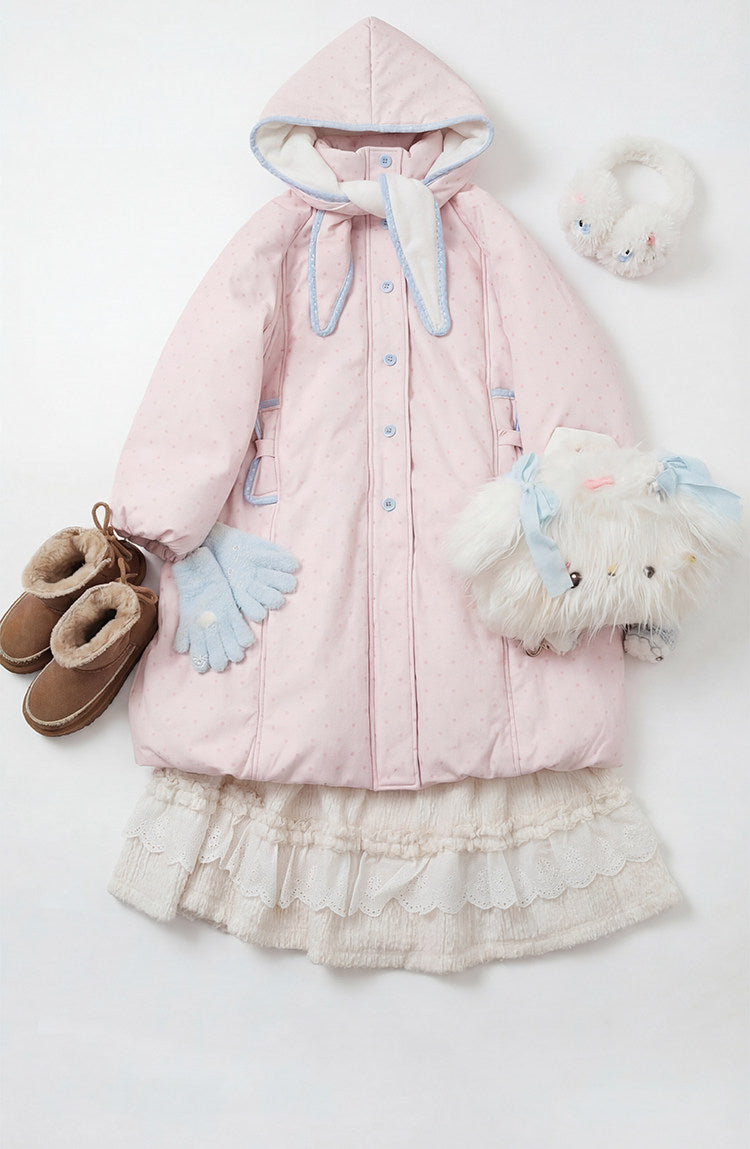 阮阮自制 - Berry Cream Pink Polka Dot Hooded Corduroy Padded Jacket