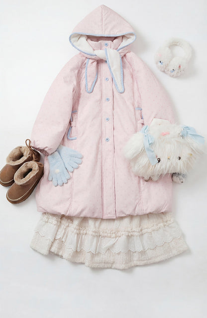 阮阮自制 - Berry Cream Pink Polka Dot Hooded Corduroy Padded Jacket