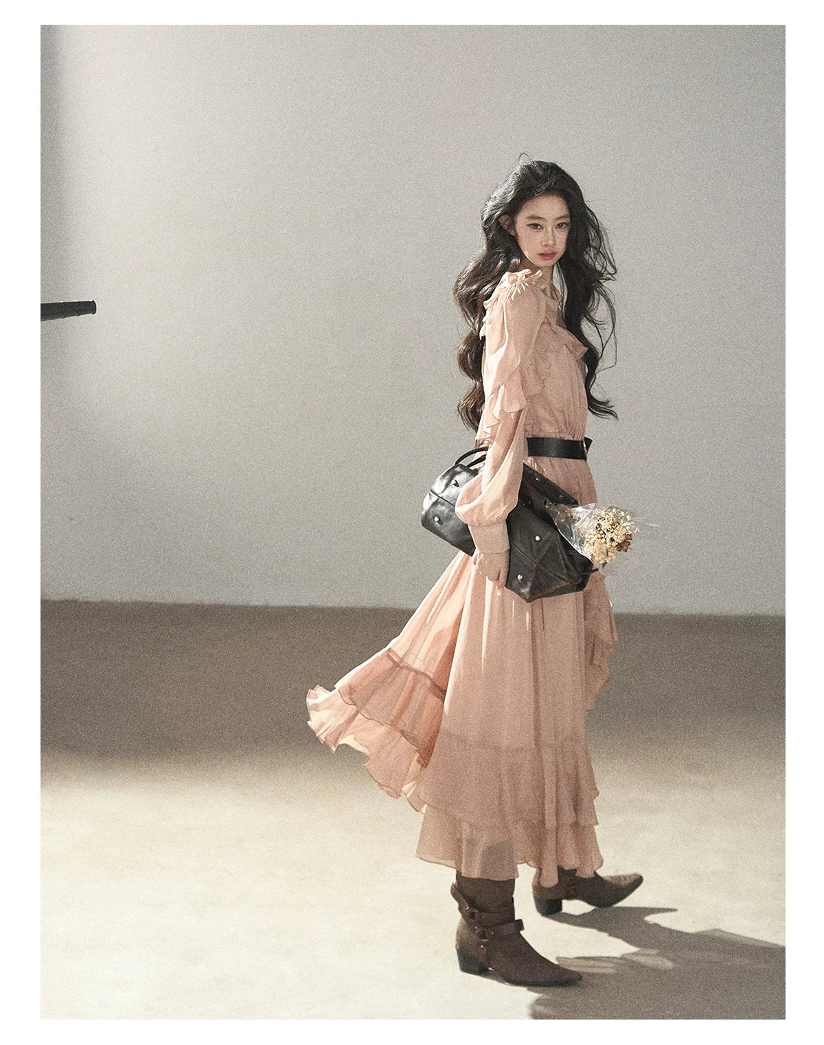 AOMALM - "Waiting for Sunset" Soft Pink French Ruffle Maxi Dress with Belt