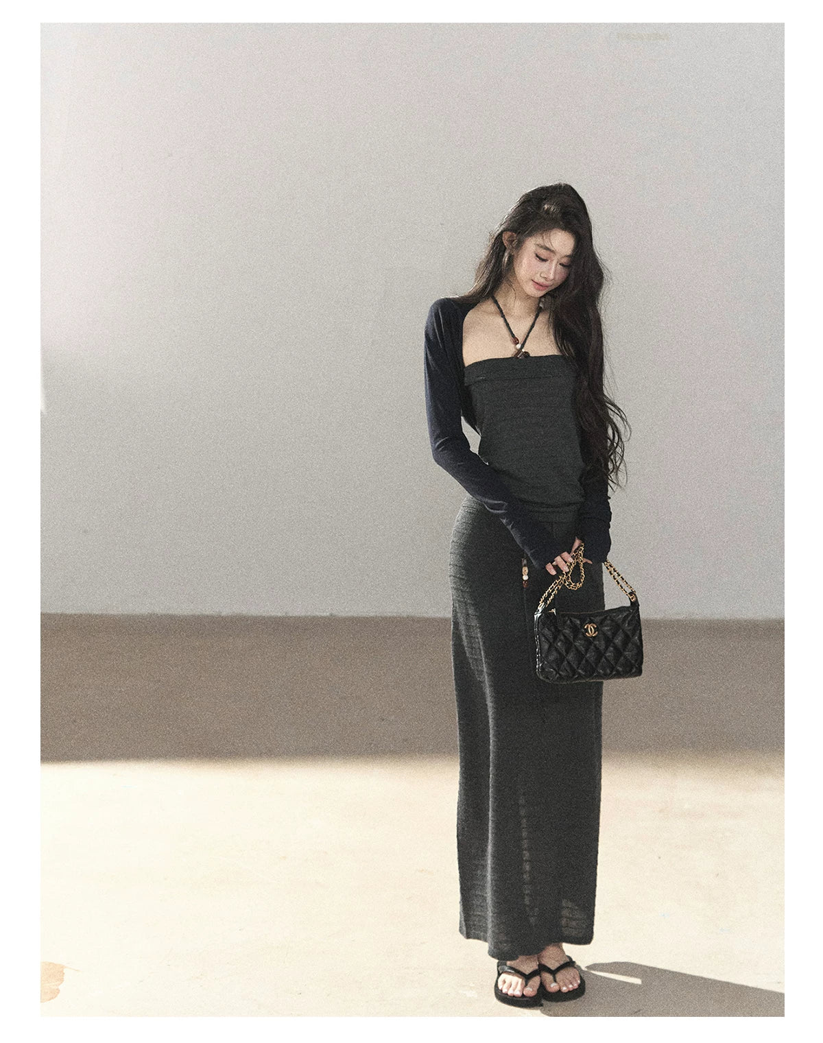 AOMALM - Whale Gray Convertible Knit Tube Top & Maxi Skirt Set