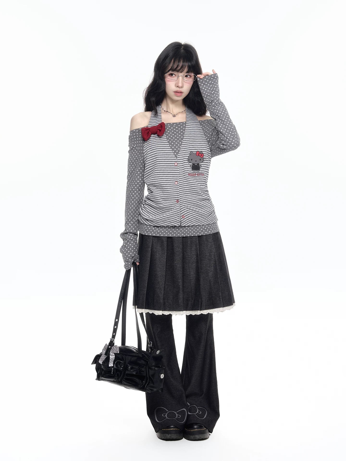 170726K "Midnight Polka" Gray Layered Long Sleeve Collection (Cold Shoulder Top / Fake Two-Piece Skirt Pants)