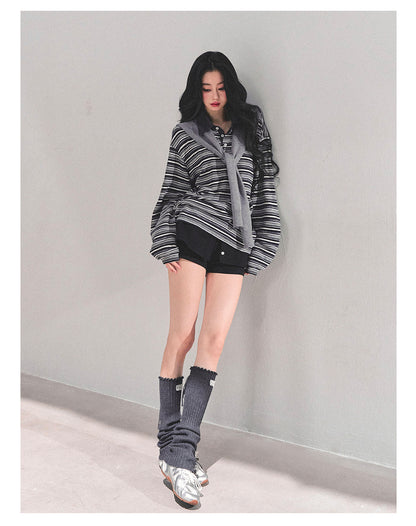 少也眼 "Unfinished Poem" Striped Polo Long Sleeve - Charcoal Gray 543682