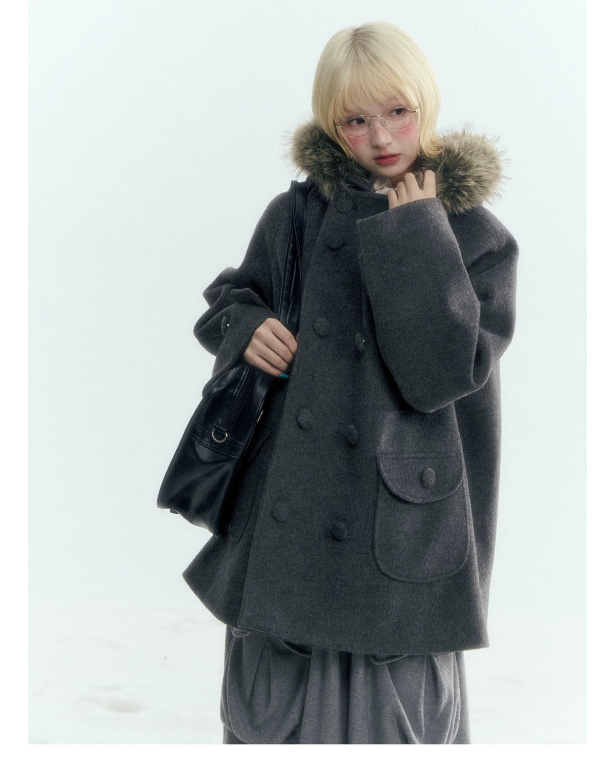 Japanese Hooded Double-Breasted Wool Coat (Deep Charcoal Gray / Taro Purple)