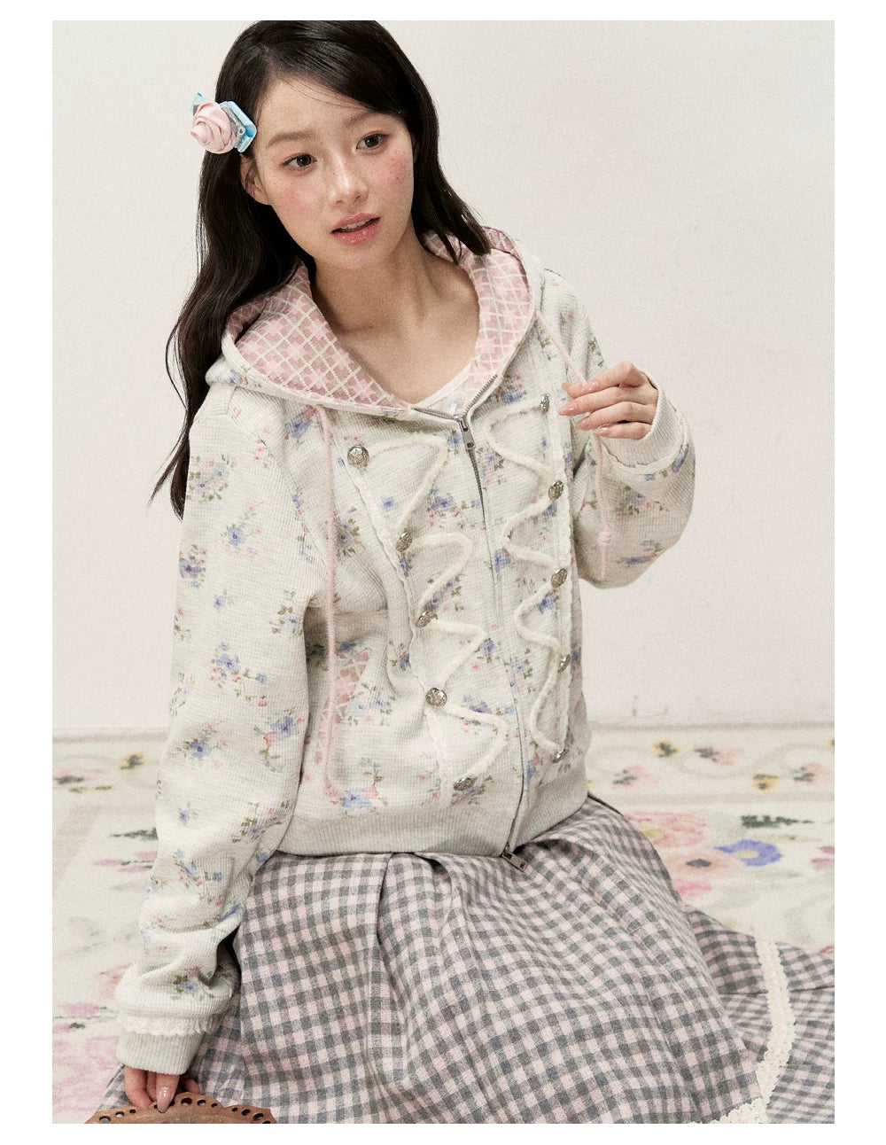 [RF] Vintage Floral Waffle Knit Hoodie Cardigan with Gingham Lining