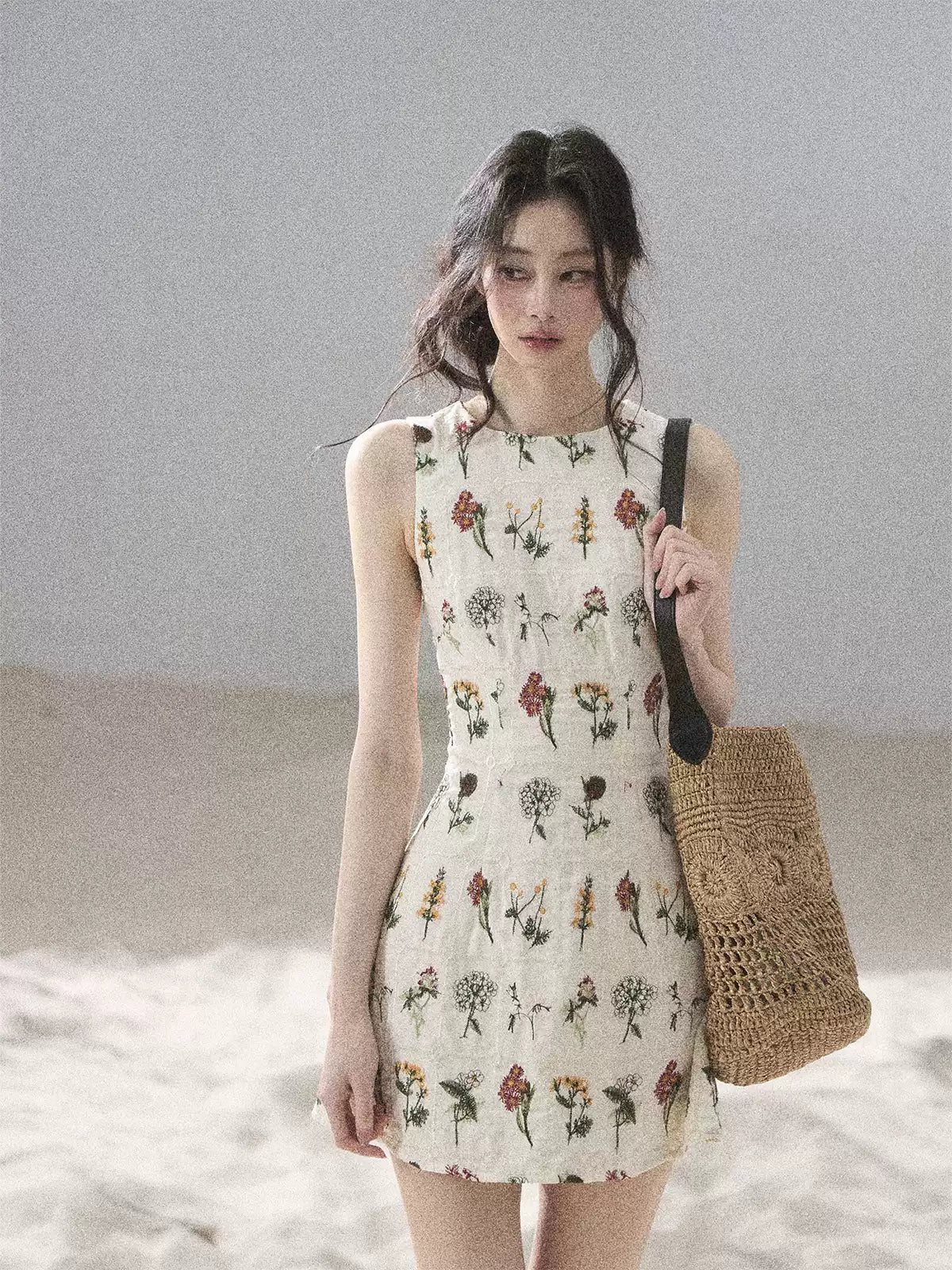 "Wildflower Daydream" Dutch Cream Embroidered Mini Dress - Sleeveless 45684
