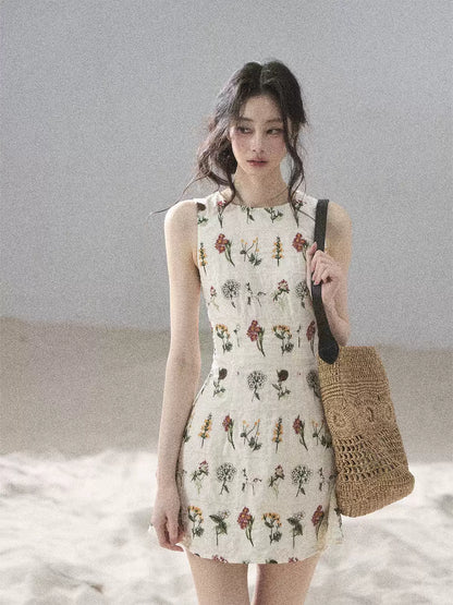"Wildflower Daydream" Dutch Cream Embroidered Mini Dress - Sleeveless 45684