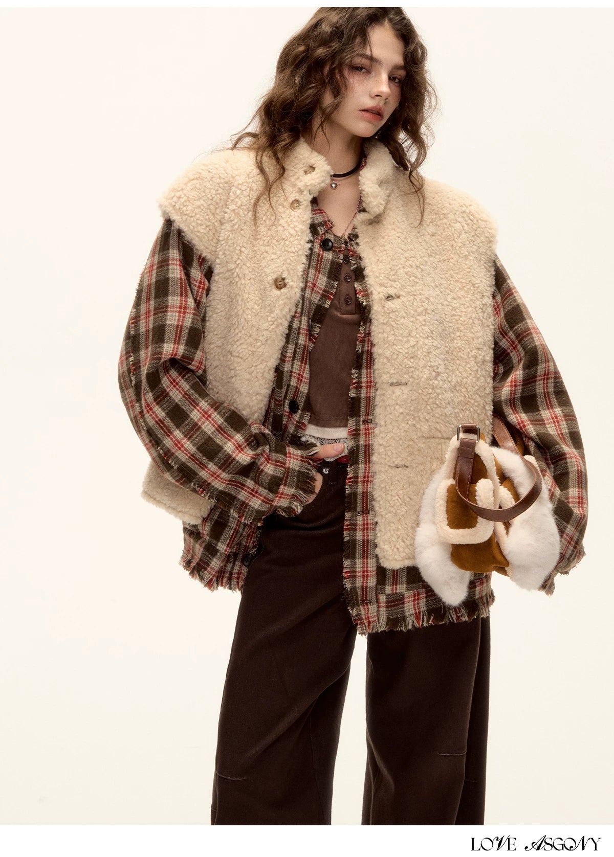 ASGONY - Brown Reversible Suede Faux Shearling Drawstring Vest