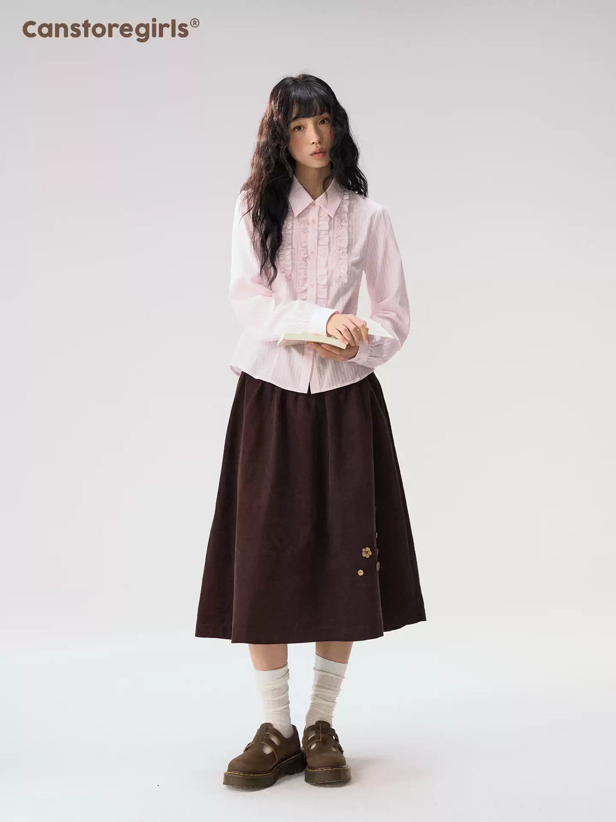 [CAN] “Caramel Glow” Brown Corduroy High-Waist A-Line Skirt
