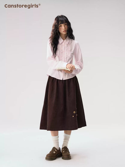 [CAN] “Caramel Glow” Brown Corduroy High-Waist A-Line Skirt