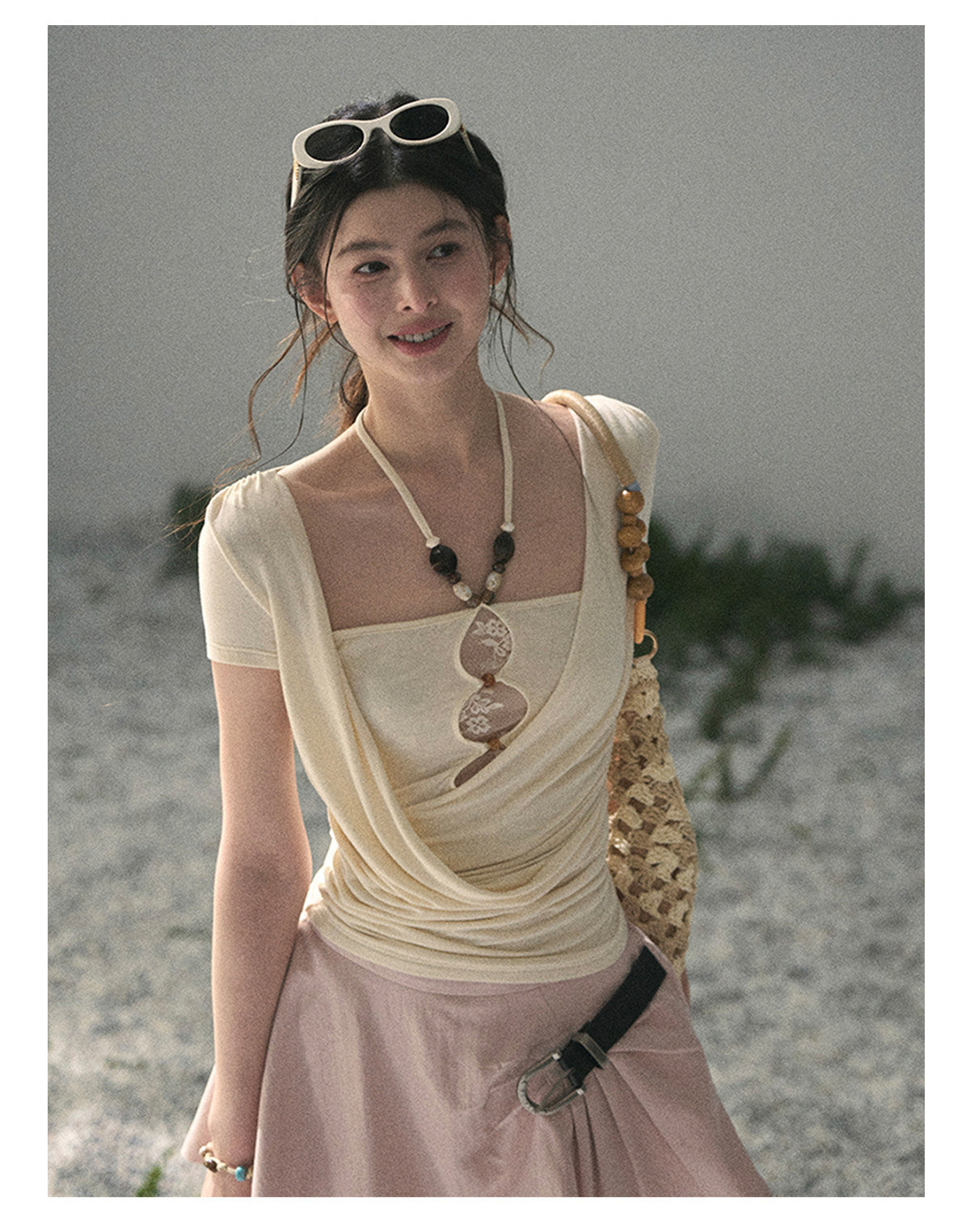 “Soft Veil Muse” Cream Apricot Layered Halter Lace Top